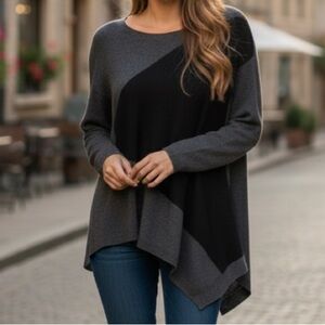PLY Cashmere Sz XL Knit Asymmetrical Poncho Black Gray